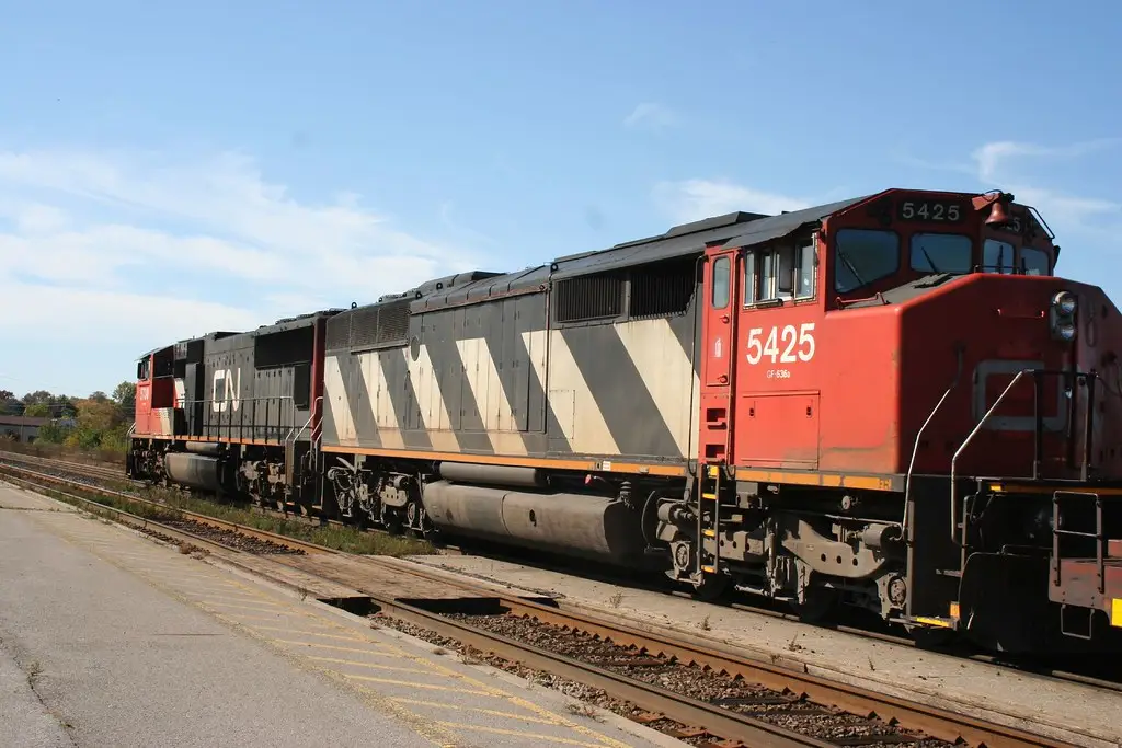 CN freight locomotives lined up at a rail yard