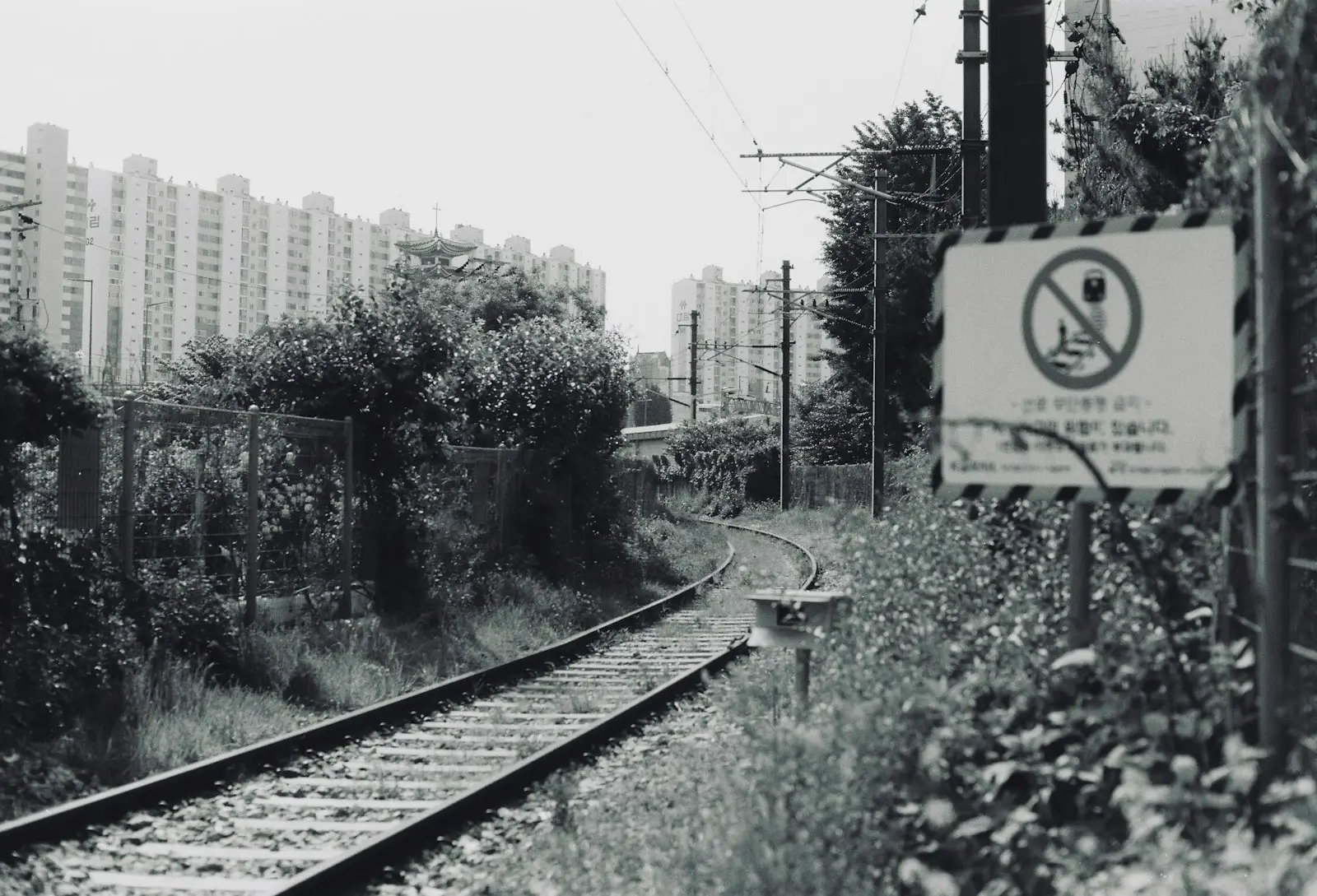 A train track with a no parking sign next to it
