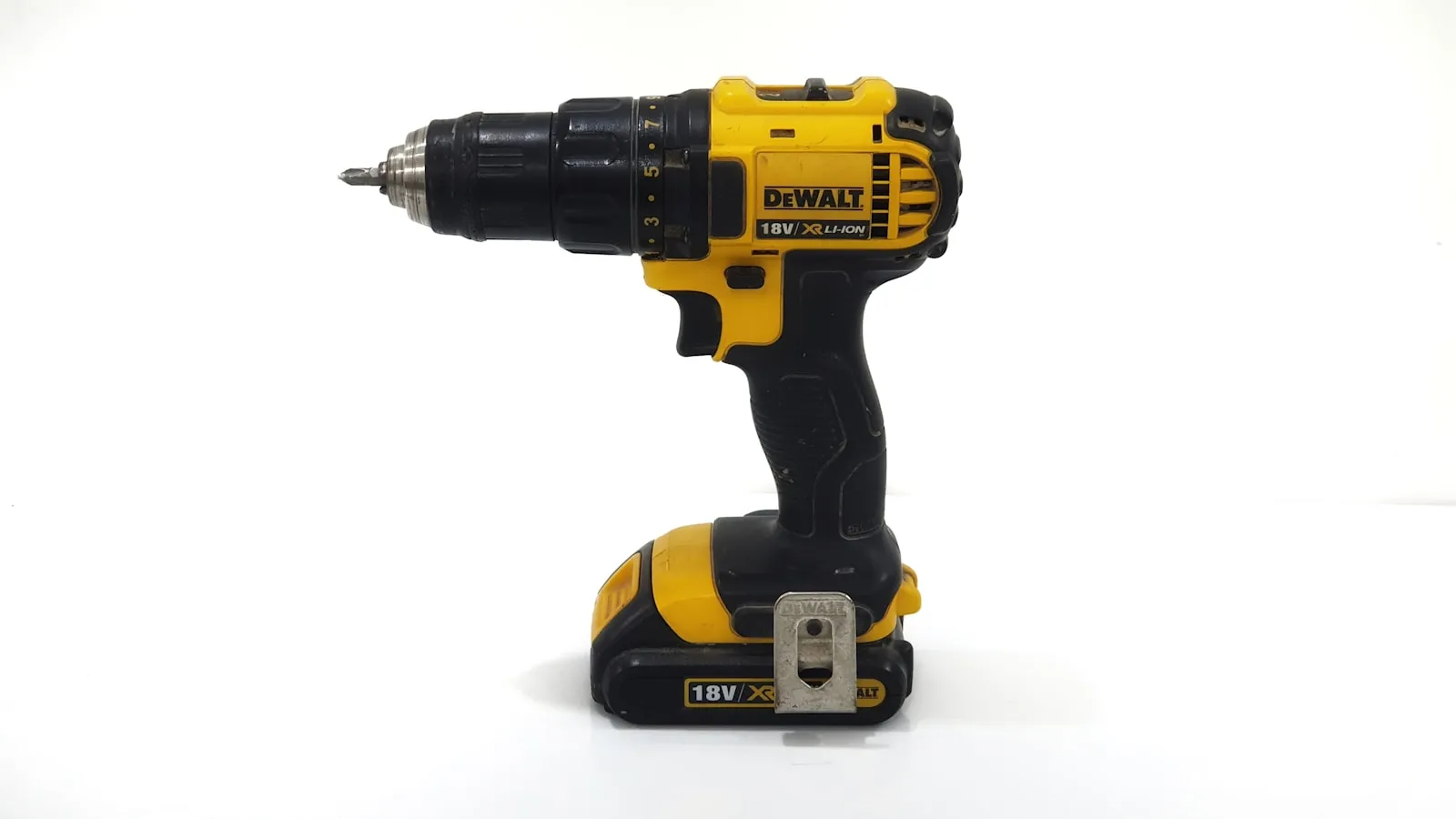 Black-and-yellow cordless drill — the cordless tool battery platform that powers portable train horns
