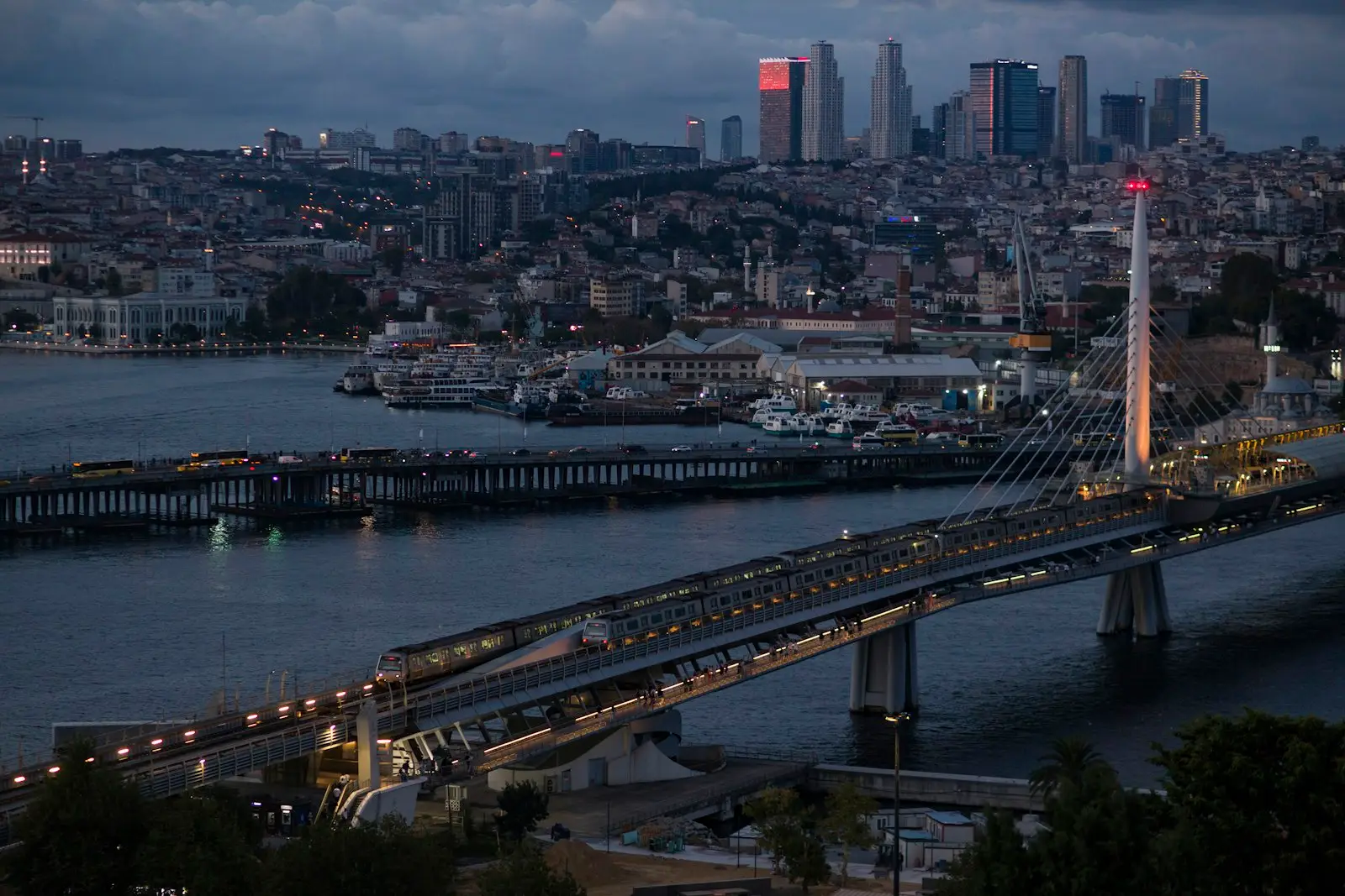 A metro train crossing the Haliç Bridge over the Golden Horn in Istanbul