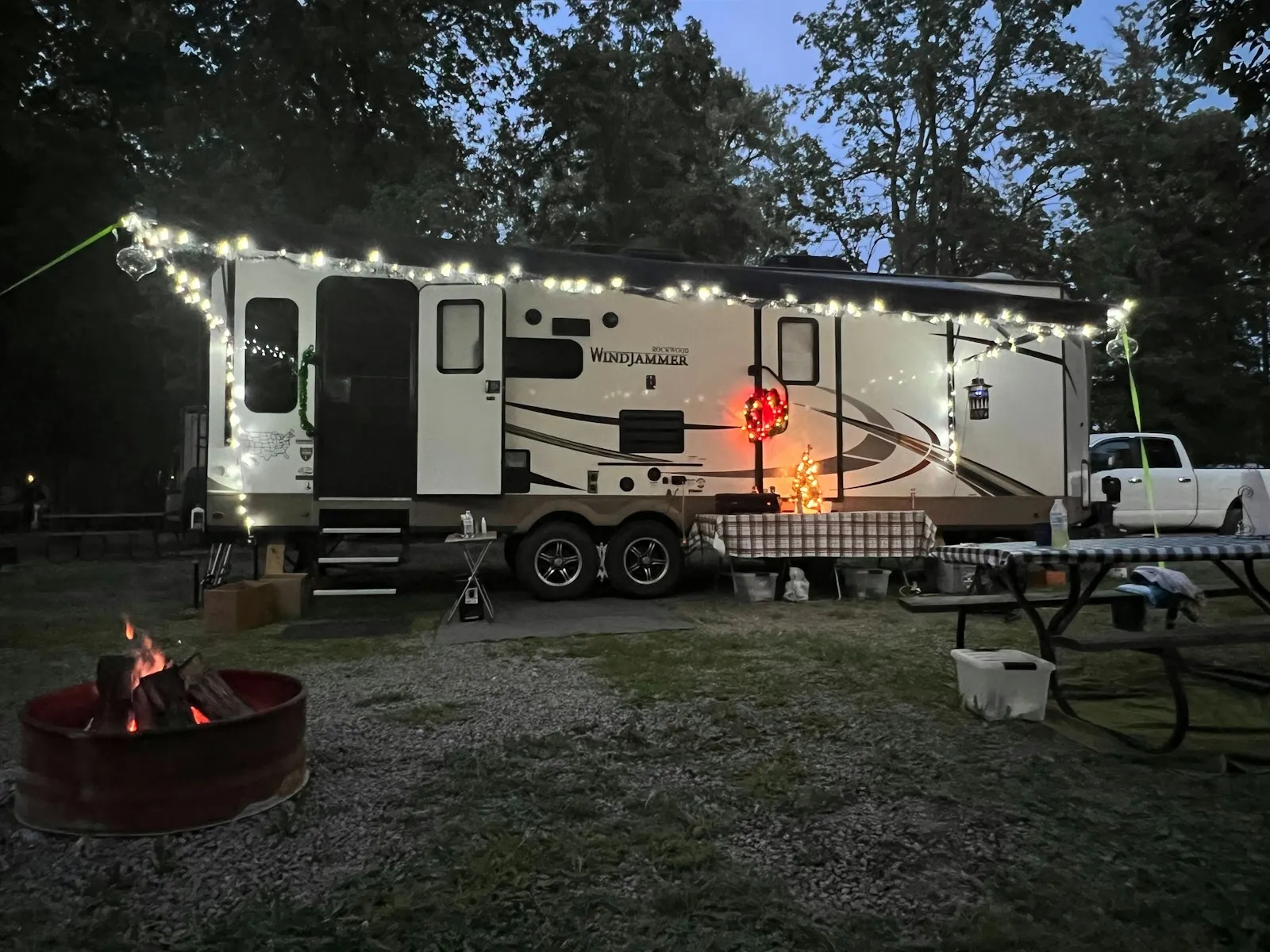 Camper with lights outside