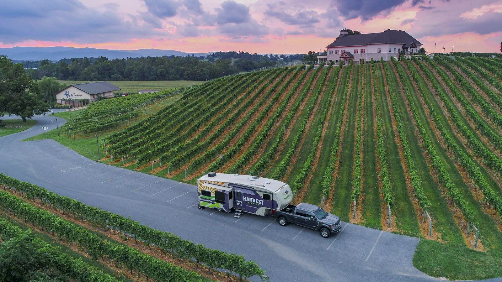 The RVing dream: RV camping on a winery at sunset!
