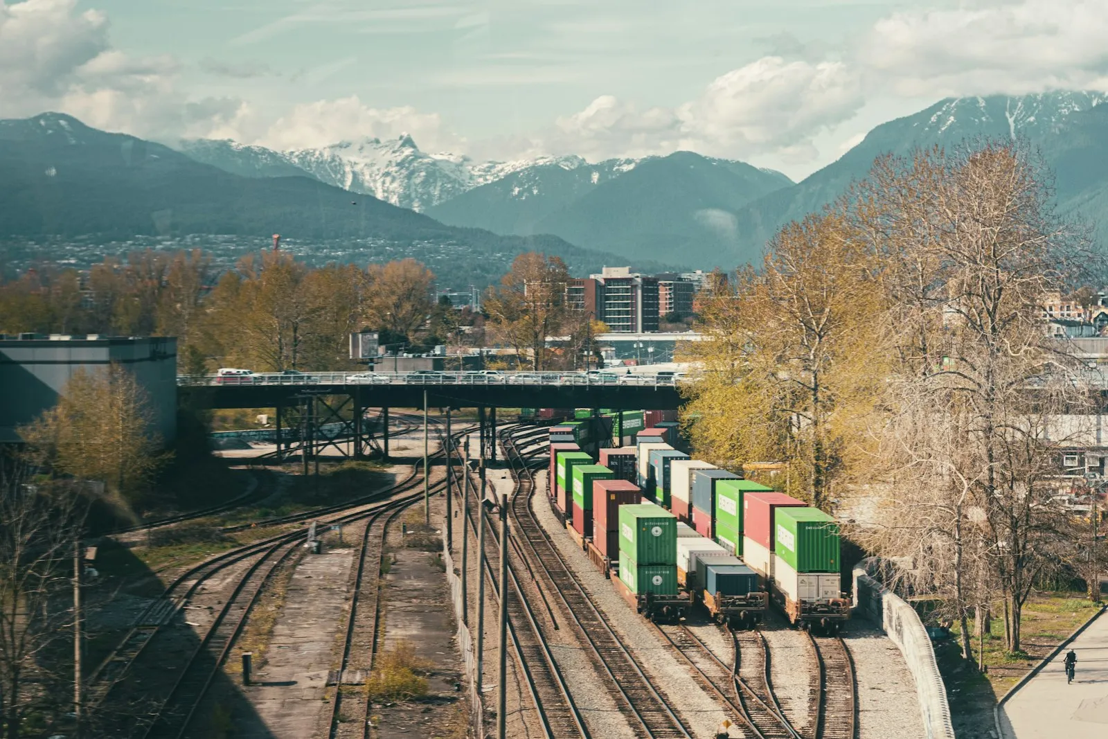A train traveling down train tracks next to a lush green forest