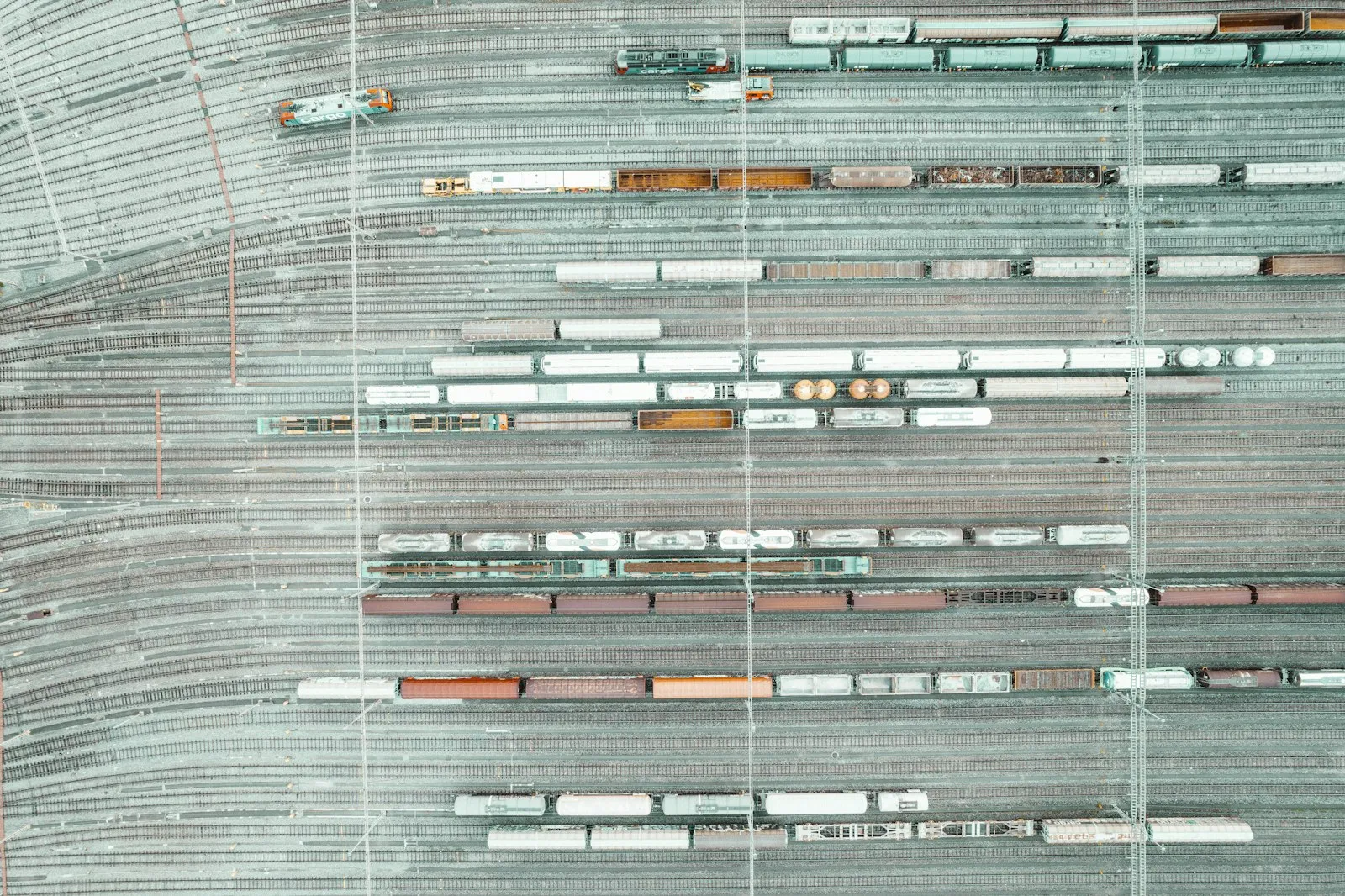 An aerial view of a train yard and tracks