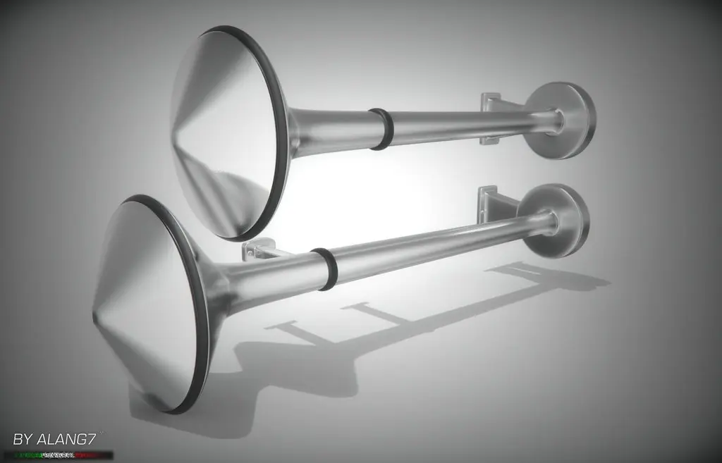 Chrome truck air horns mounted on a heavy truck