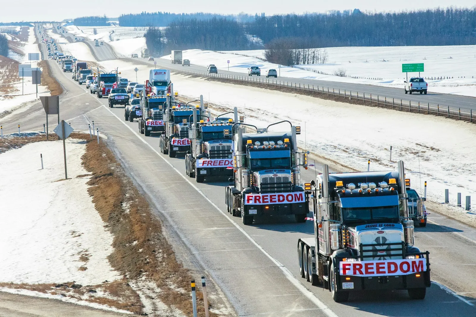 FREEDOM convoy taken in Central Alberta, Queen Elizabeth Highway 2 on the way to the Legislature Building in Edmonton. This demonstration was in support of the 