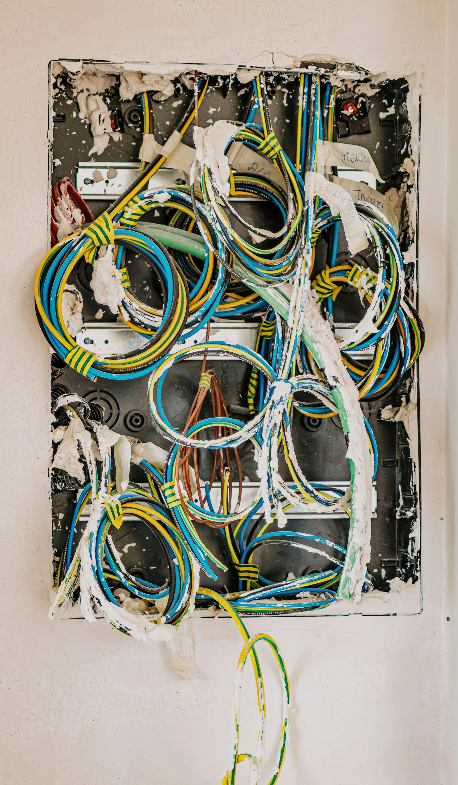 Yellow, blue, and black coated wires — the kind of harness routing a train horn install needs