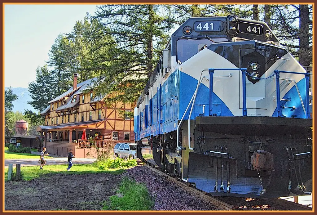 Great Northern diesel locomotive parked beside the Izaak Walton Inn in Essex, Montana