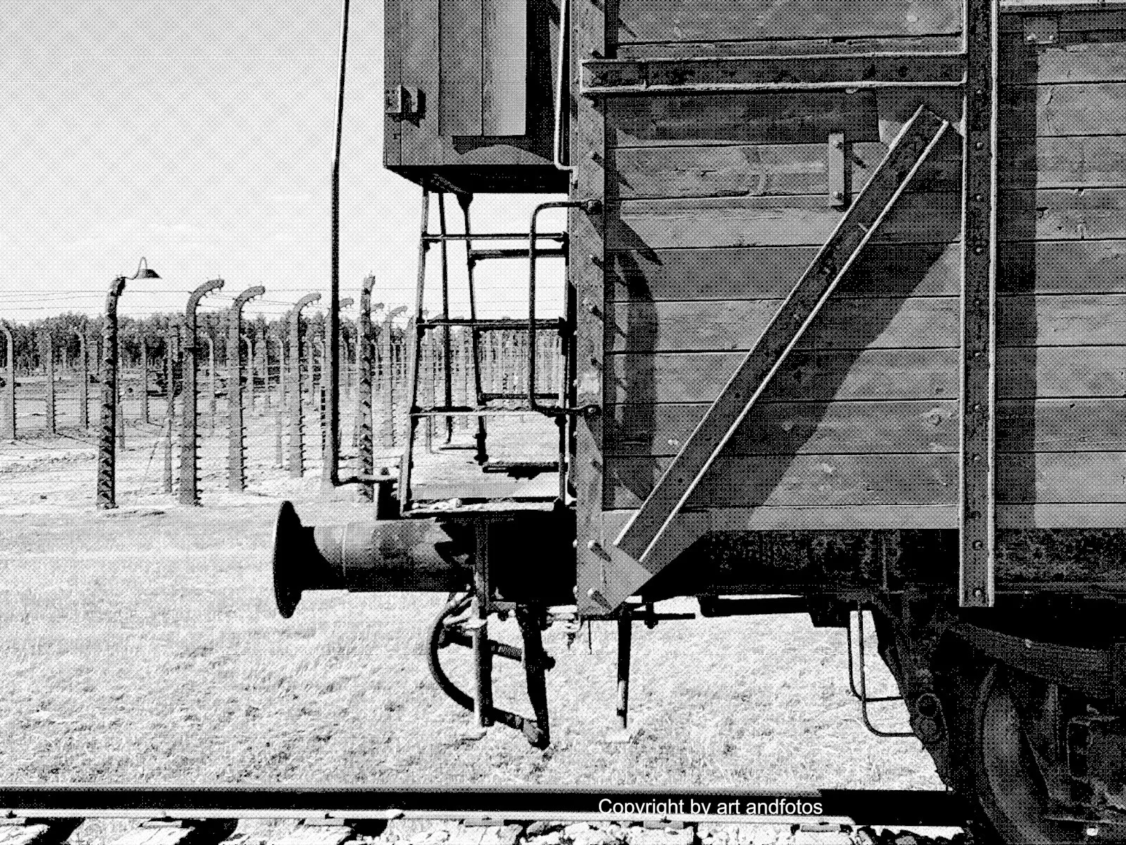 Wooden train car beside barbed wire fence
