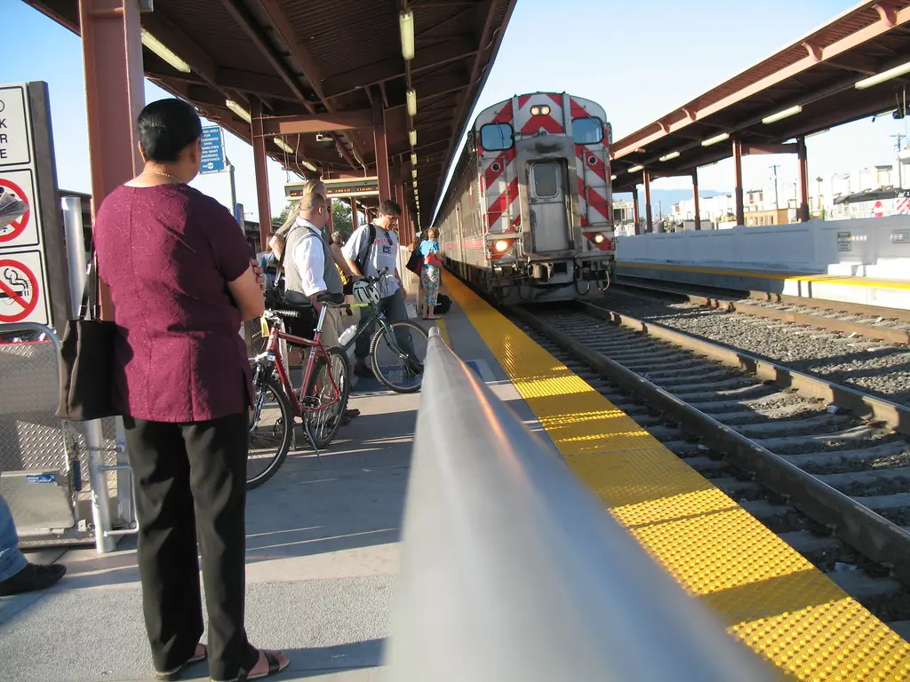 Diesel locomotive waiting at San Jose Diridon Station platform