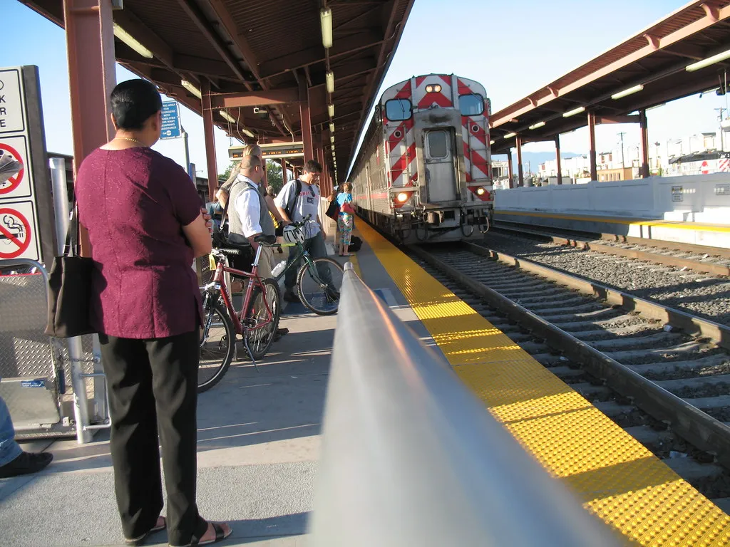 Diesel locomotive waiting at San Jose Diridon Station platform