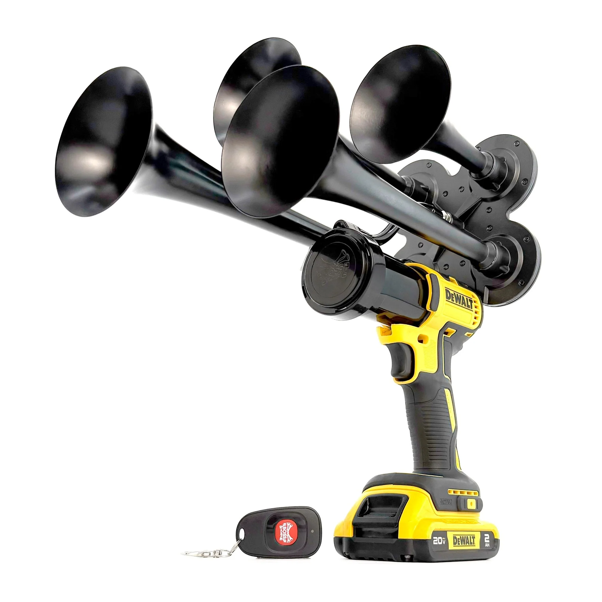 Four aluminum-alloy trumpets of the DeWalt 20V Quad Train Horn