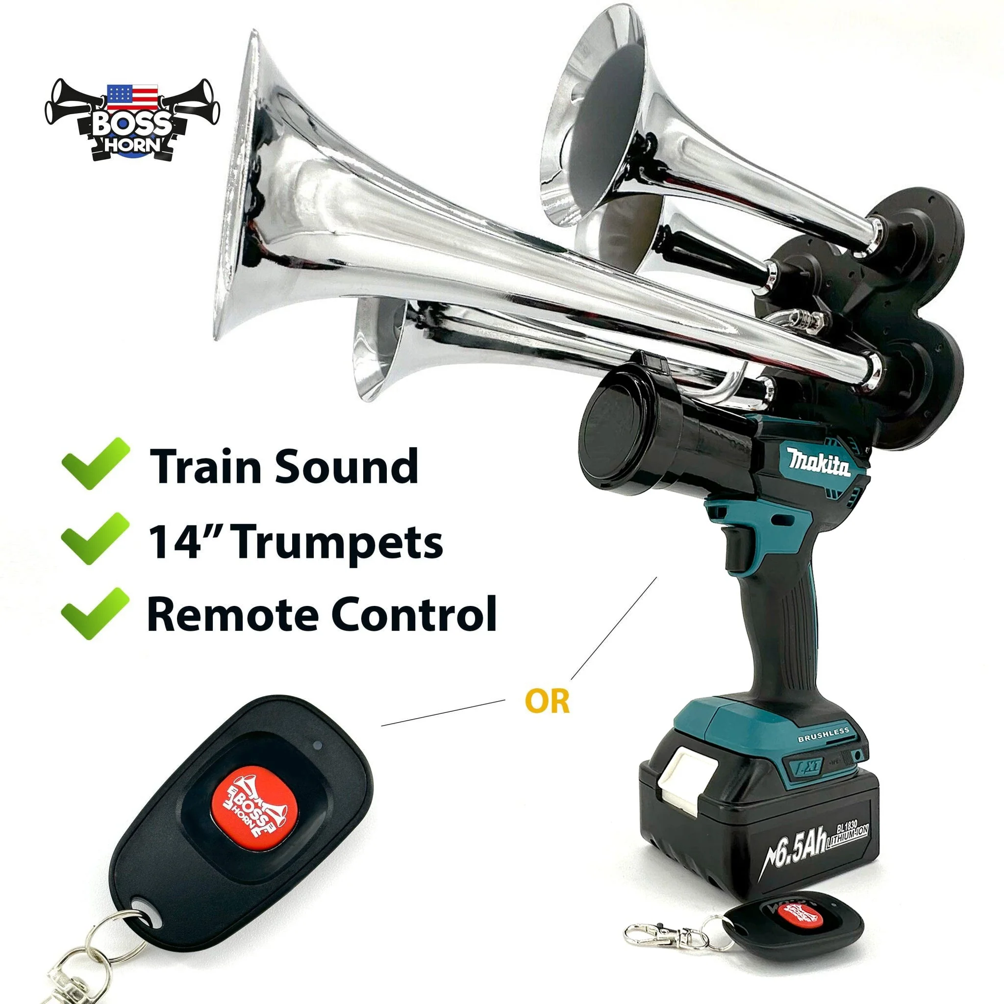 Chrome-trumpet version of the BossHorn Quad Train Horn for Makita 18V battery with remote