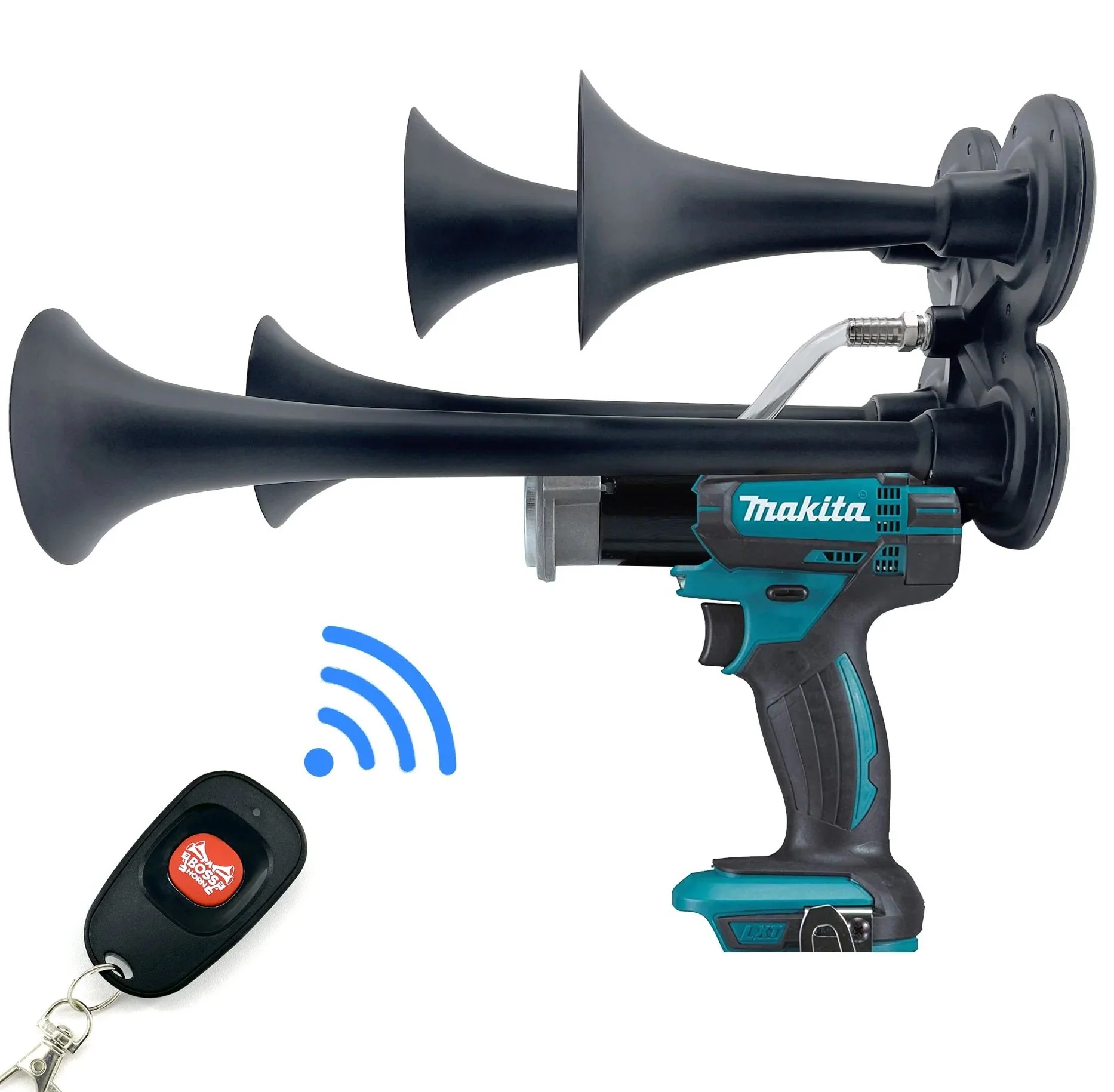BossHorn Quad Train Horn for Makita 18V battery with four black trumpets and wireless remote