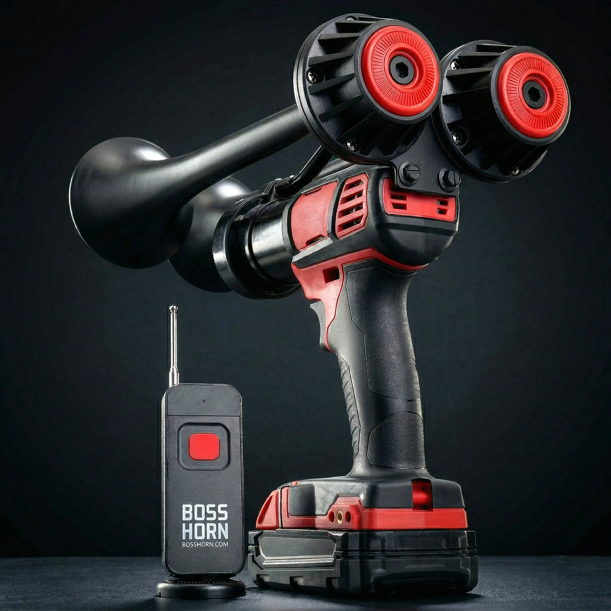Side view of the BossHorn 2026 dual-trumpet battery-powered train horn showing the impact-driver-style polymer housing
