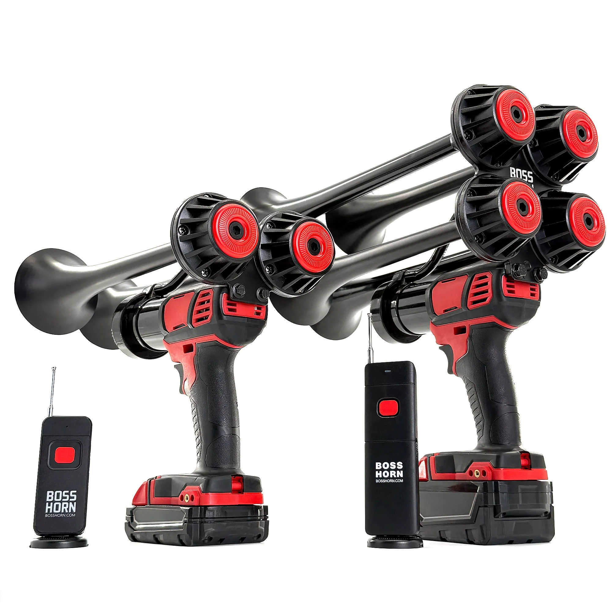 BossHorn 2026 dual-trumpet battery train horn in use outdoors