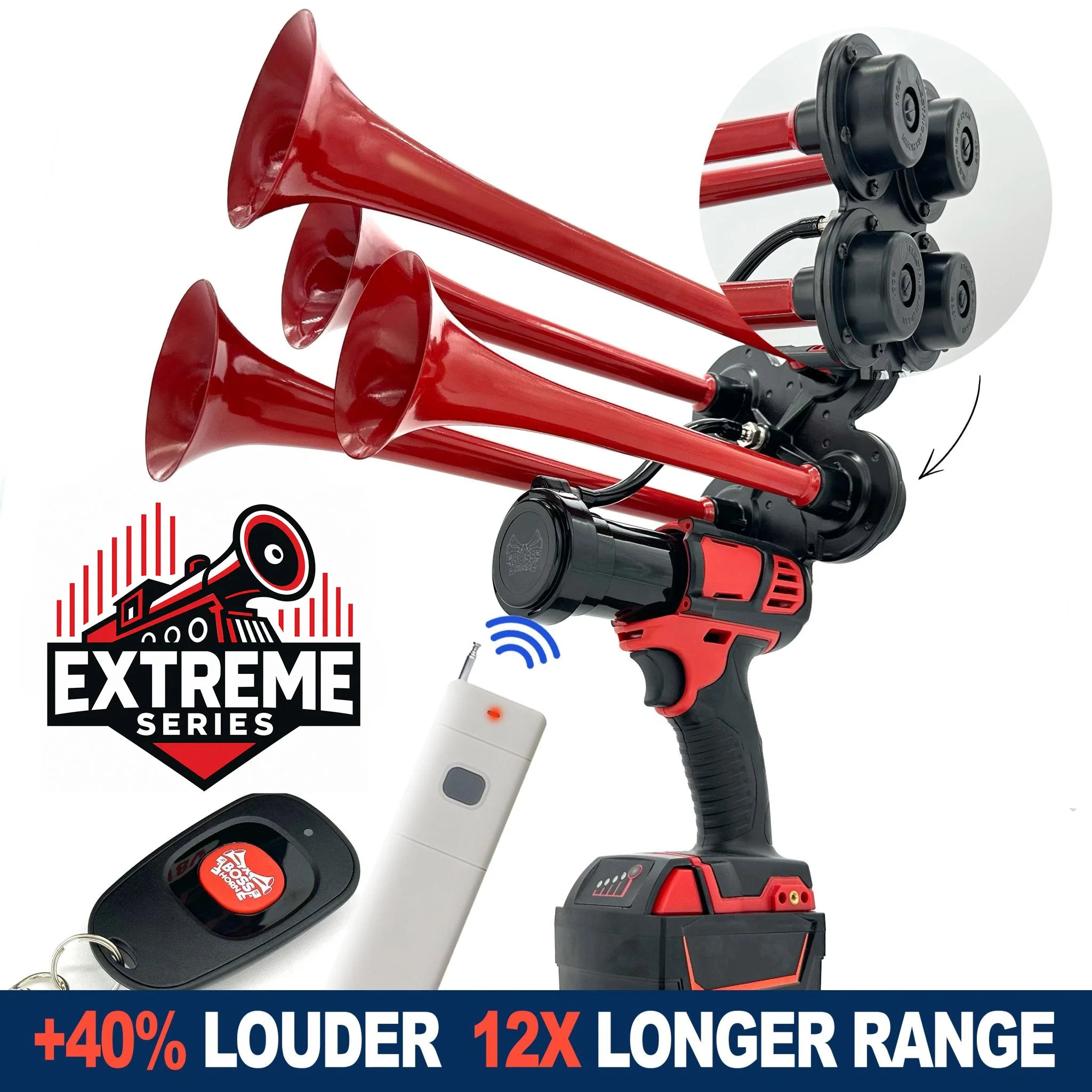 Extreme Series horn in use — battery-powered quad-trumpet blast, no installation required