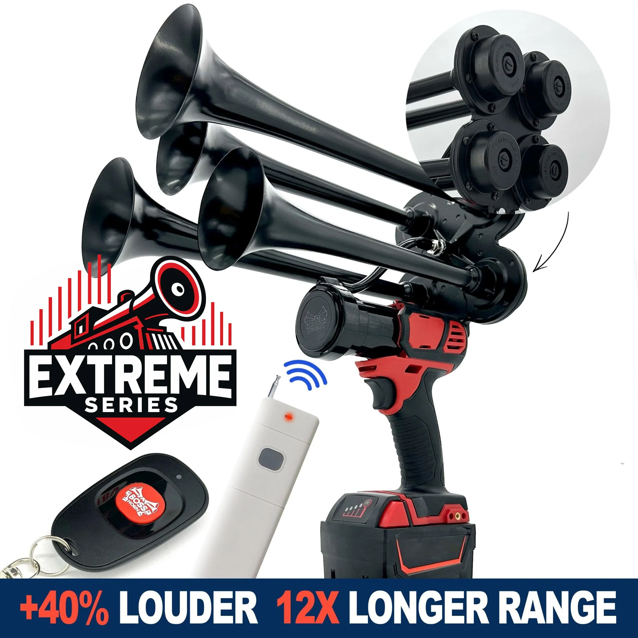BossHorn Extreme Series quad-trumpet train horn for Milwaukee M18 battery — full unit view