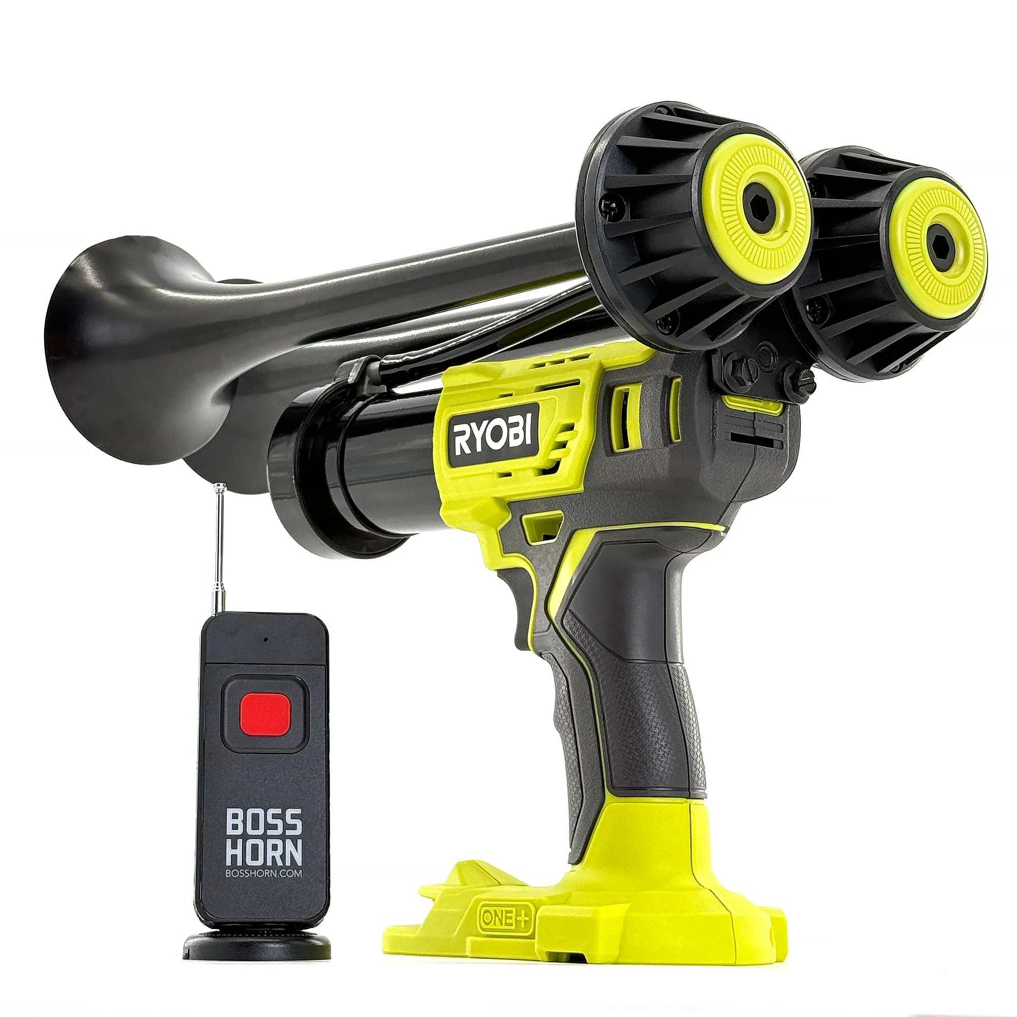 BossHorn dual-trumpet horn with wireless remote — battery platform compatibility view