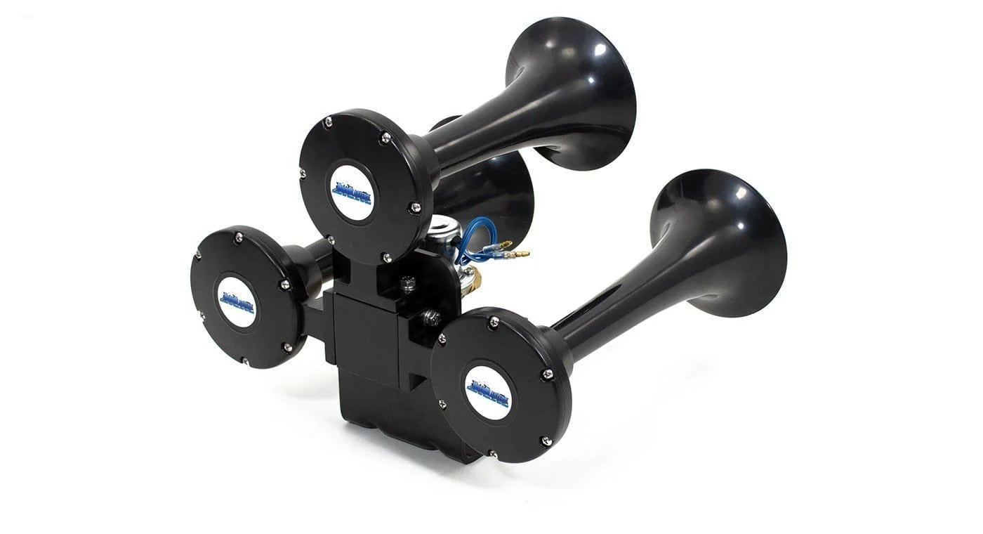 HornBlasters Bandit air horn rear view showing trumpet driver caps and mounting bracket