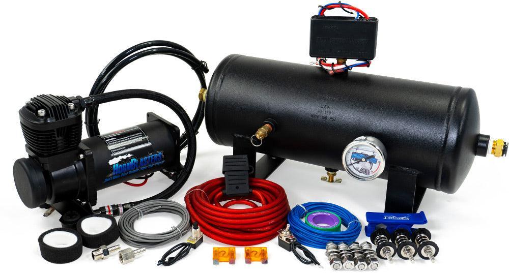 HornAir 232 air system — air compressor, 2-gallon six-port tank, pressure switch, gauge, and wiring
