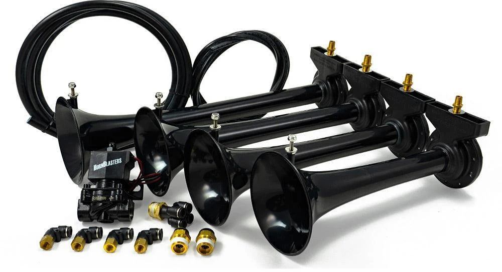 Shocker XL four-trumpet horn set in Stealth Black with air valve, air line and brass fittings