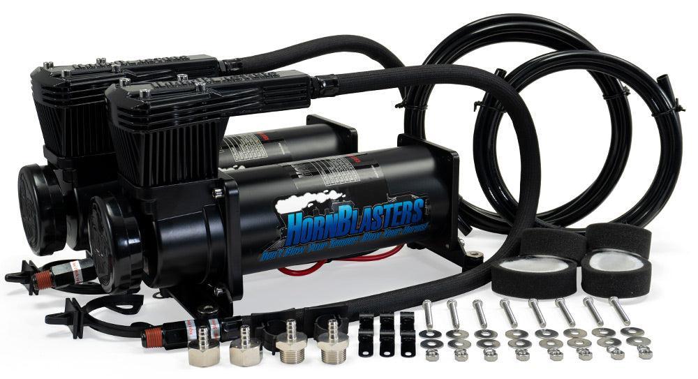 Dual HornBlasters 1NM stealth black air compressors with intake line and mounting hardware