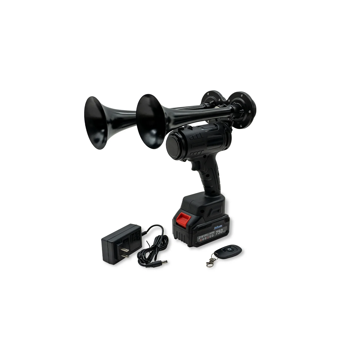 HornBlaster Drill Horn EH-DH kit with dual stealth-black trumpets, 21V battery, wall charger and key-fob remote