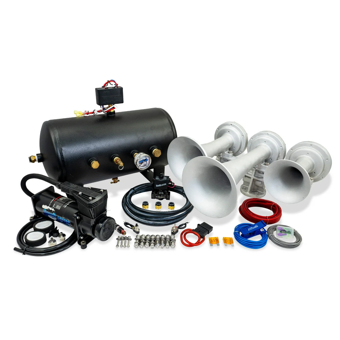HornBlasters King 3 544K train horn kit overview with three-chime horn and 5-gallon air system