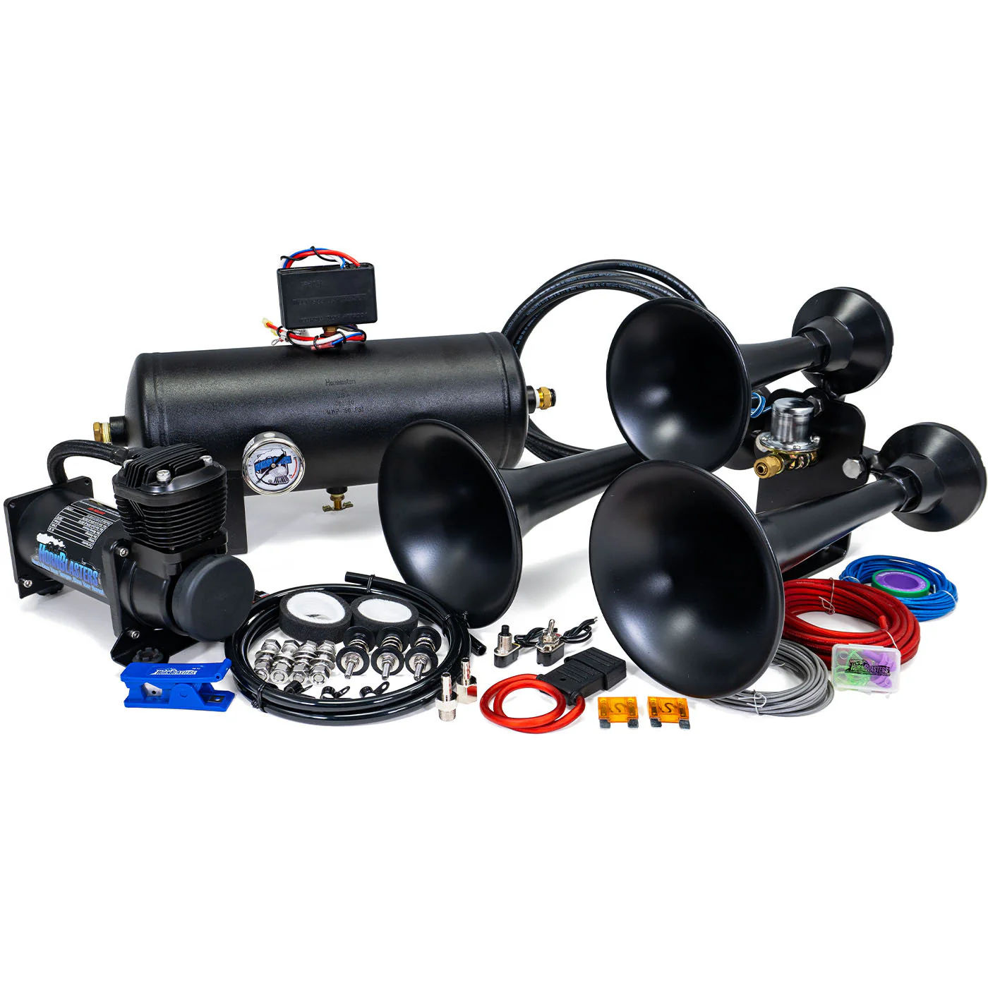 Outlaw 232 black train horn kit variant with matte black bells, tank, and compressor