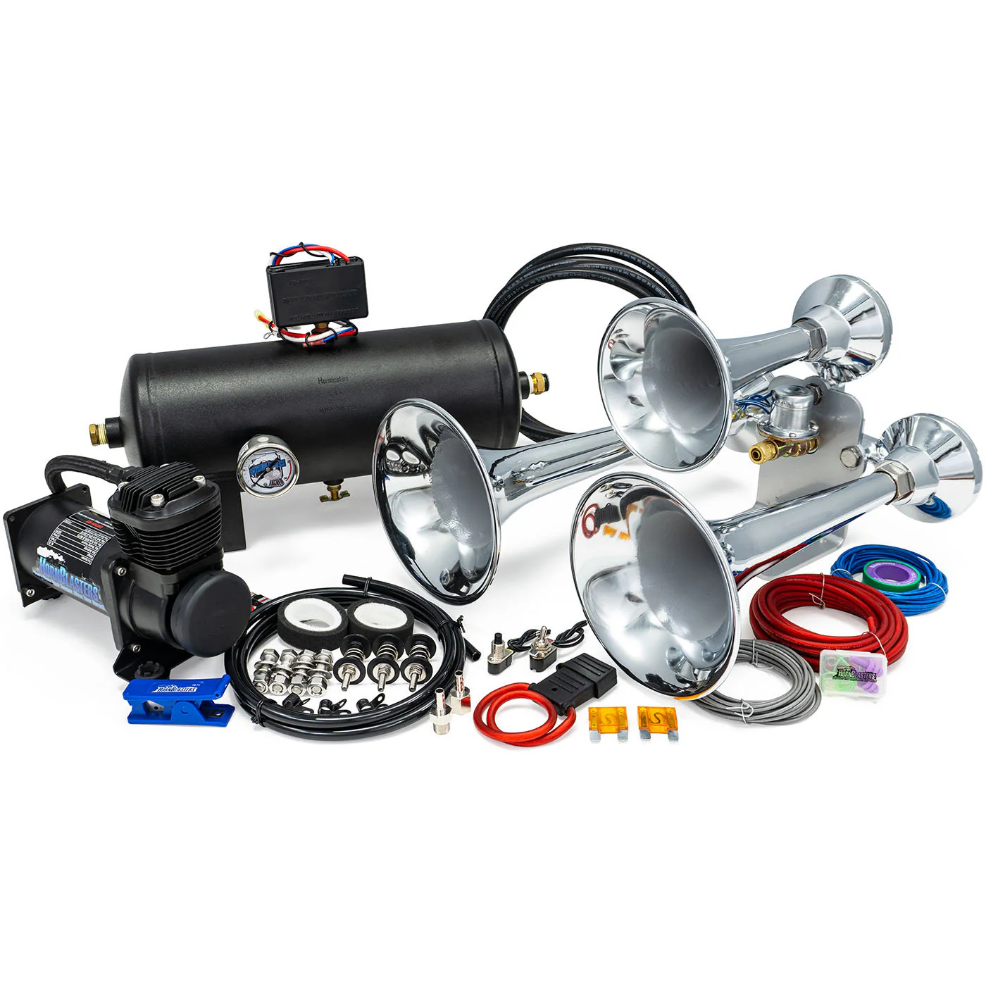 HornBlasters Outlaw 232 chrome train horn kit — three-bell horn, 2-gallon tank, 3Q compressor, and install hardware