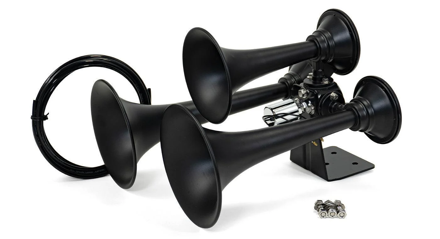 Rhino black three-trumpet horn with pre-installed 1/4 in. valve, bracket, air line and hardware
