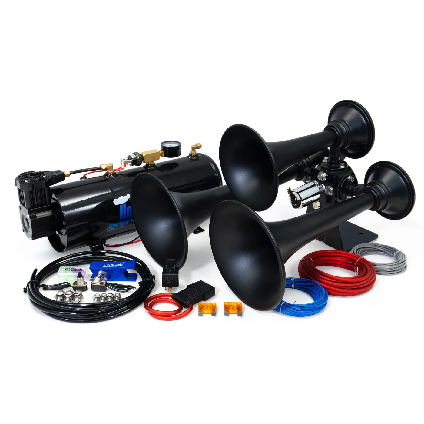 HornBlasters Rhino Black 3 Liter kit overview: three-chime black horn, M3 compressor-tank combo, air line and wiring
