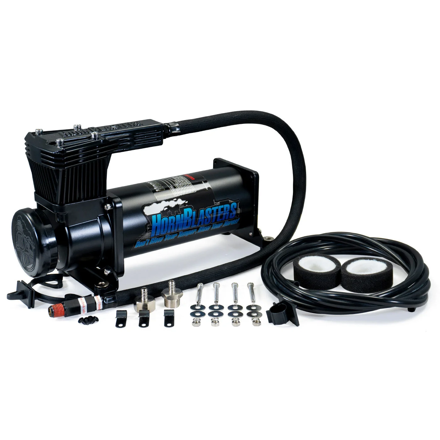 HornBlasters 1NM Stealth Black air compressor supplied with the Heavy-Duty kit