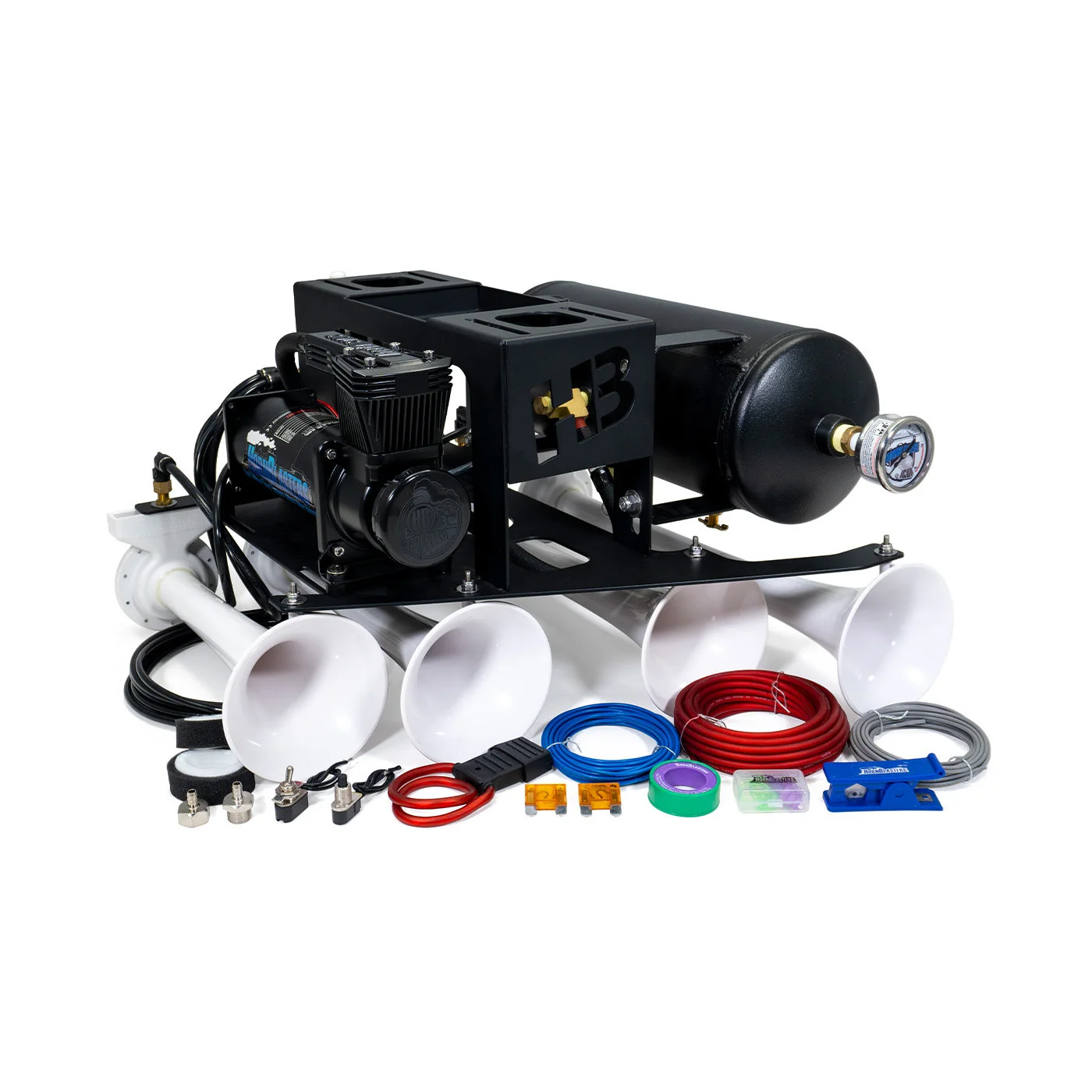 HornBlasters Spare Tire Delete Kit in the white horn finish with the Heavy-Duty compressor