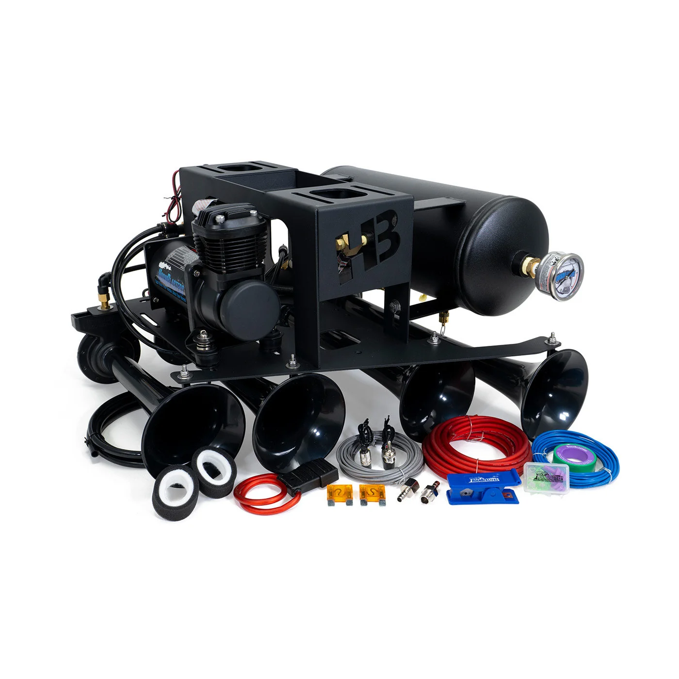 HornBlasters Spare Tire Delete Kit assembled on its steel bracket with Shocker XL horn, 2-gallon HornAir tank and 3Q compressor