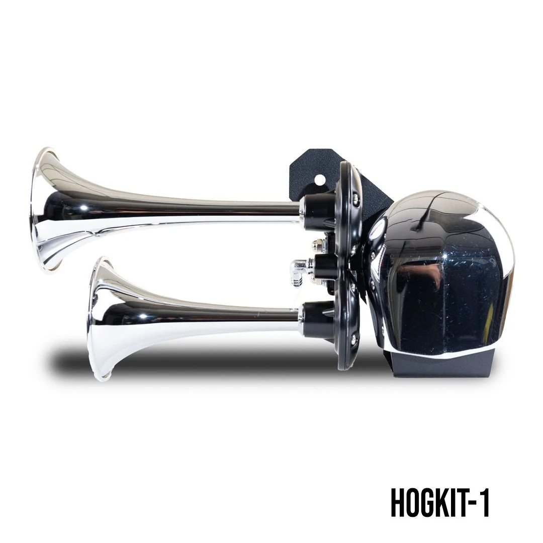 Side profile of the Kleinn HOGKIT-1 showing the two chrome trumpets, black bracket and chrome compressor housing