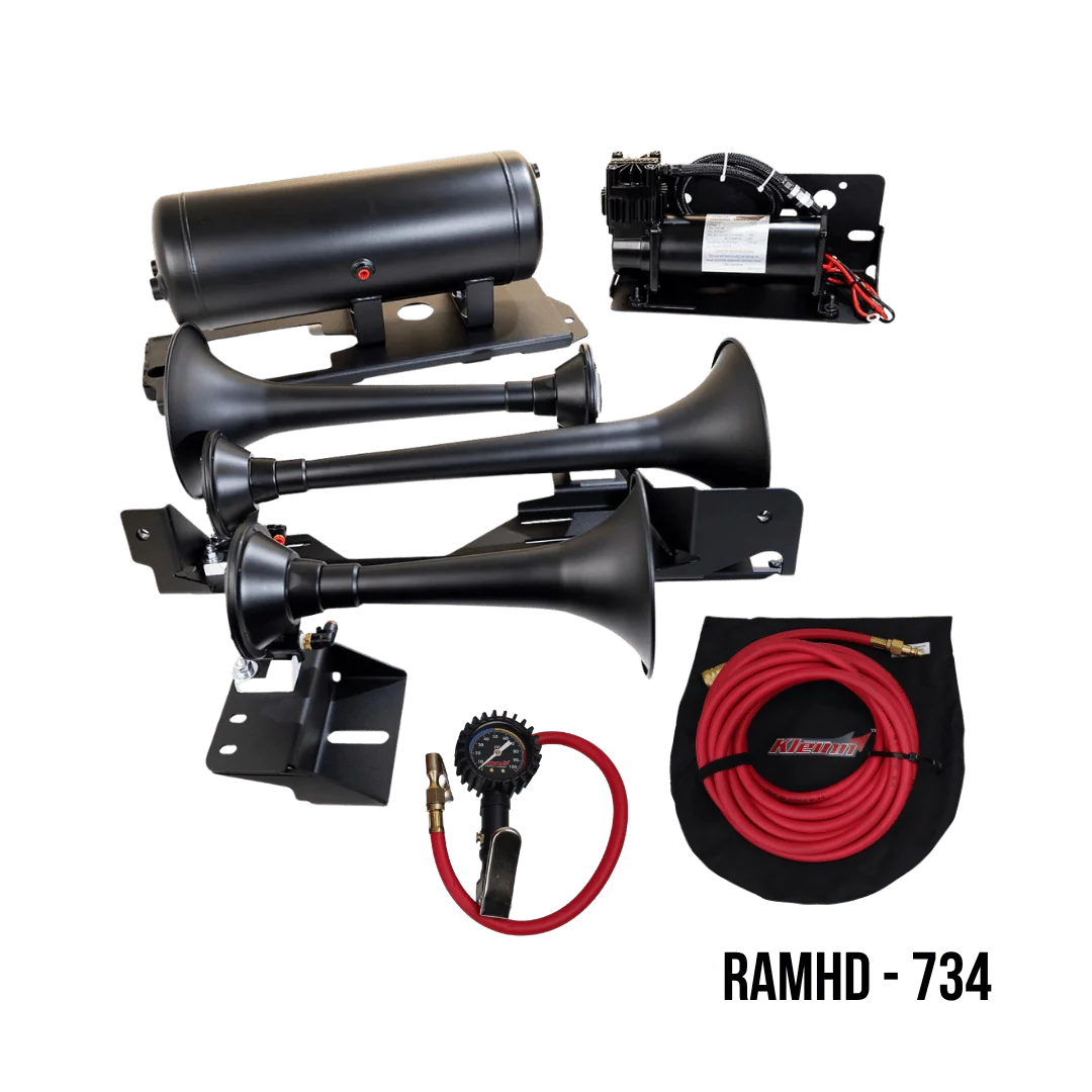 Kleinn RAMHD-734 Model 730 kit contents — Demon 730 horns, 6450RC compressor, tank and hardware