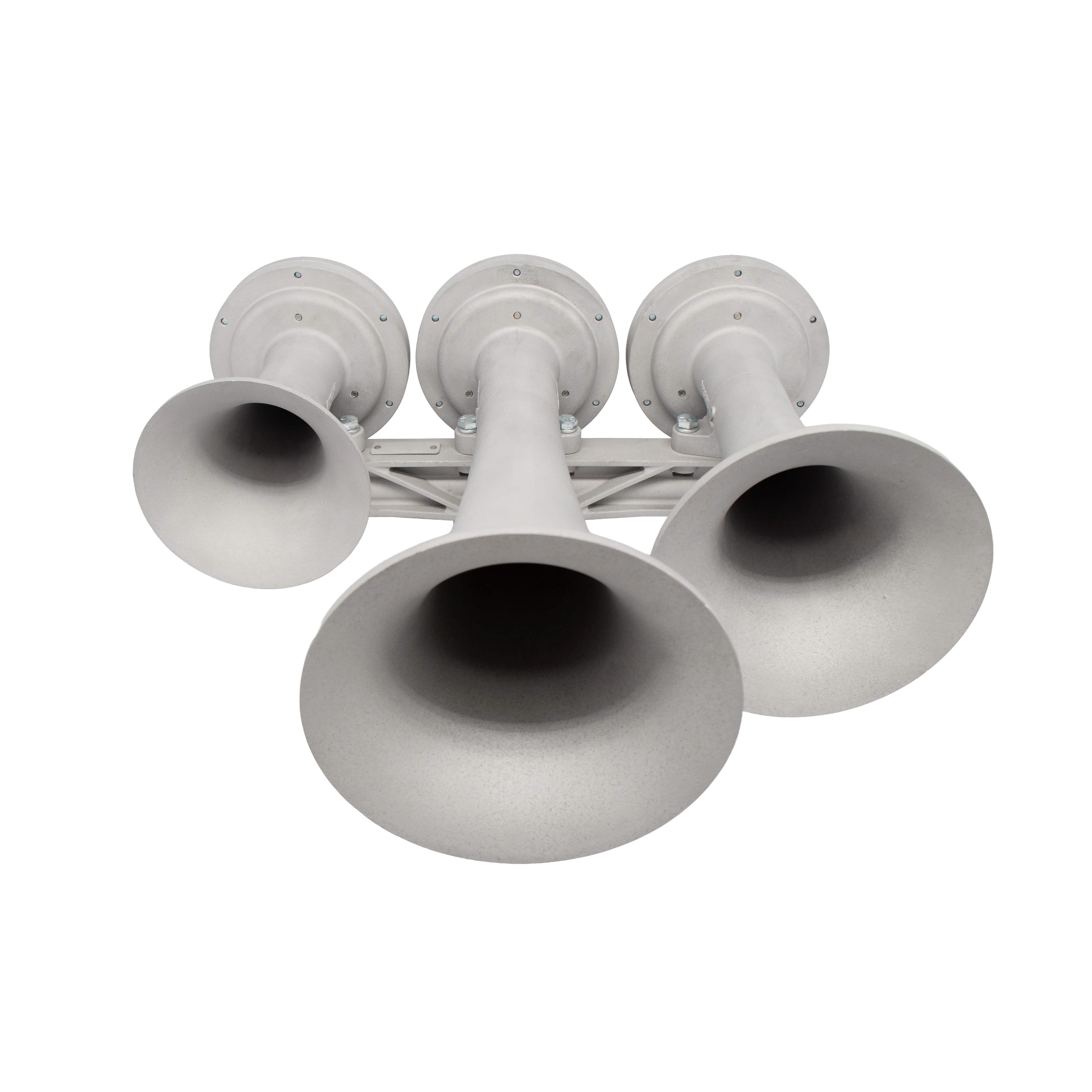 Nathan AirChime K3HA front view showing the three bell mouths of different lengths on the cast manifold bracket