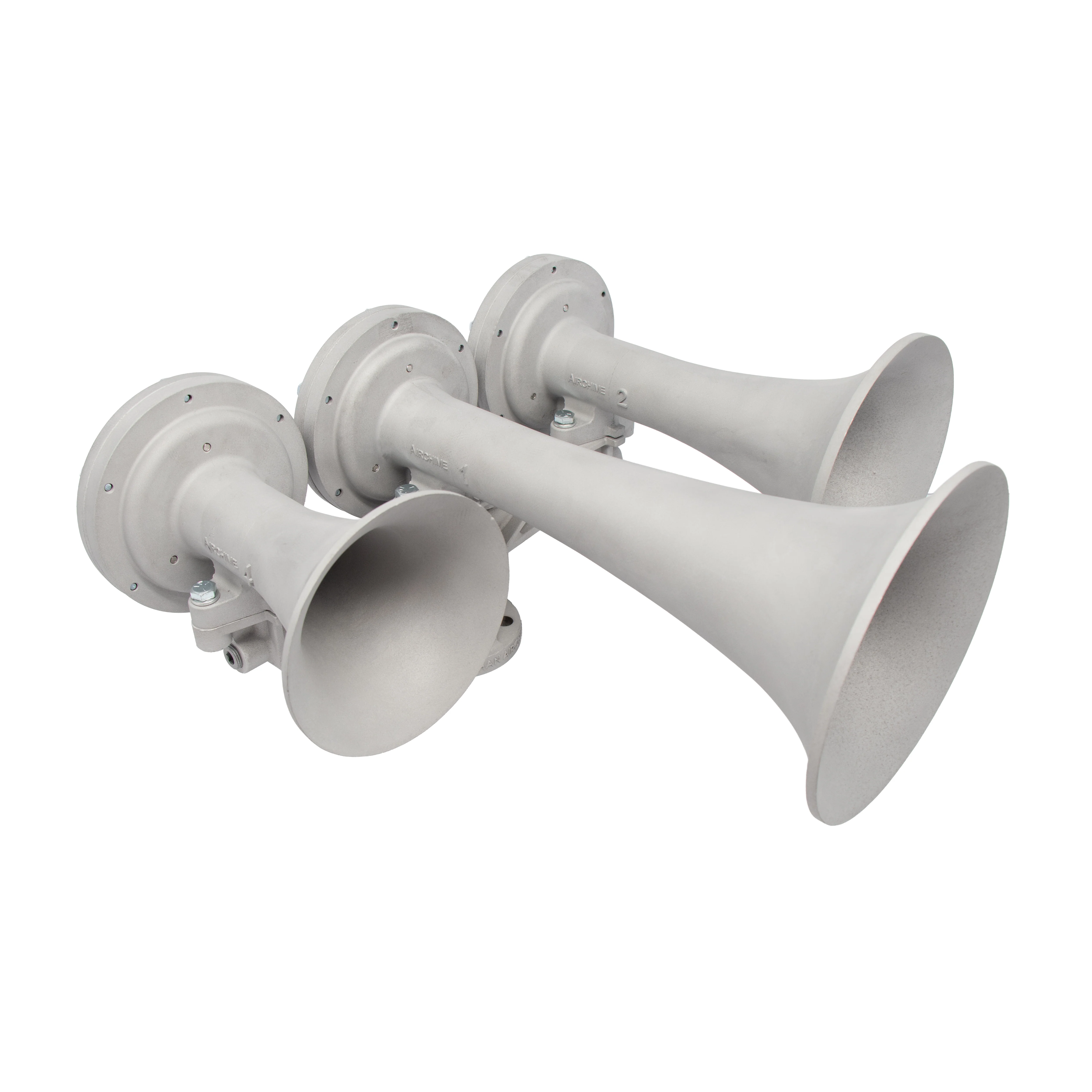 Nathan AirChime K3HA opposite three-quarter view showing the diaphragm caps, bell flanges, and 1/2-inch NPT inlet on the manifold