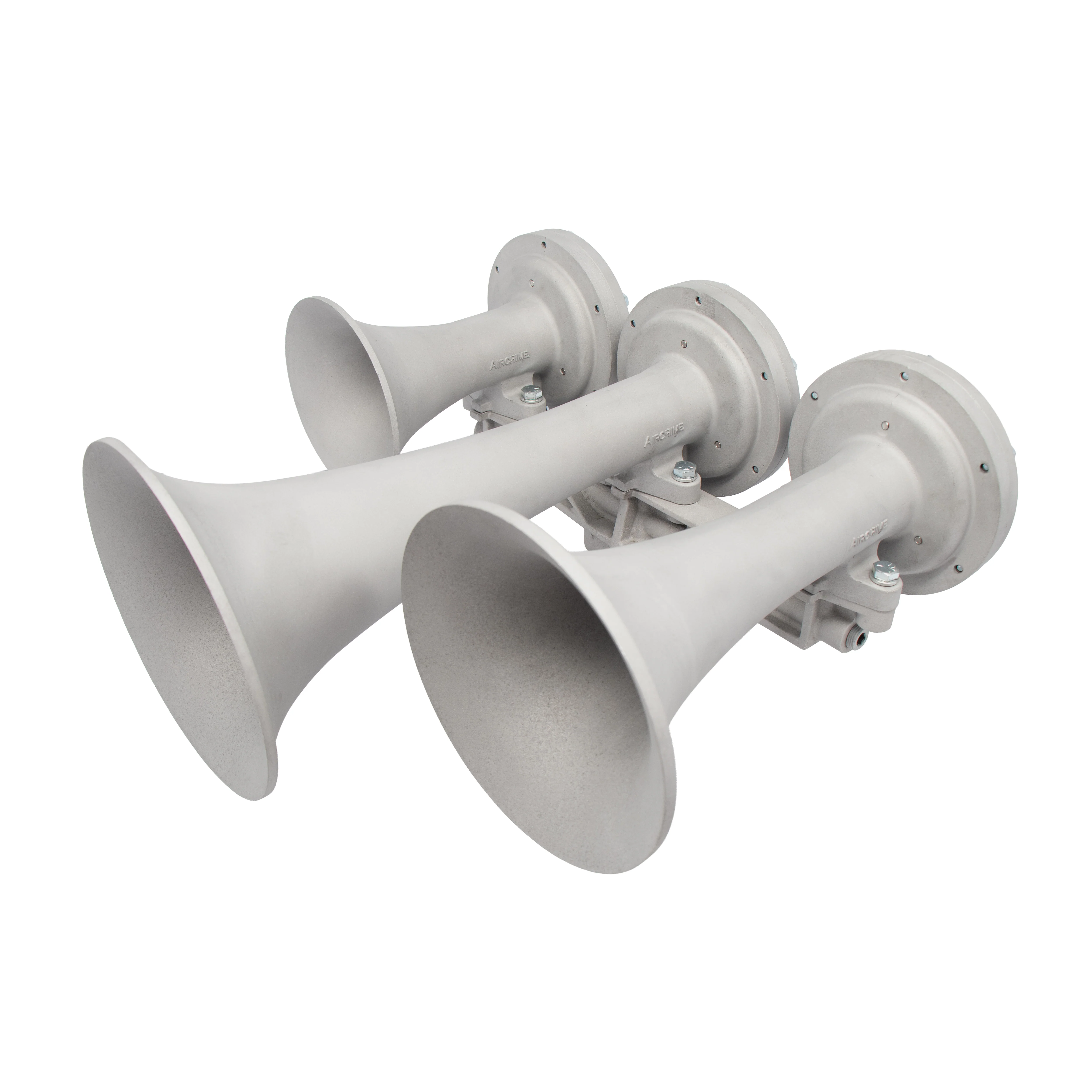 Refurbished Nathan AirChime K3HA three-chime locomotive horn, bead-blasted bells on the high-profile manifold, three-quarter view