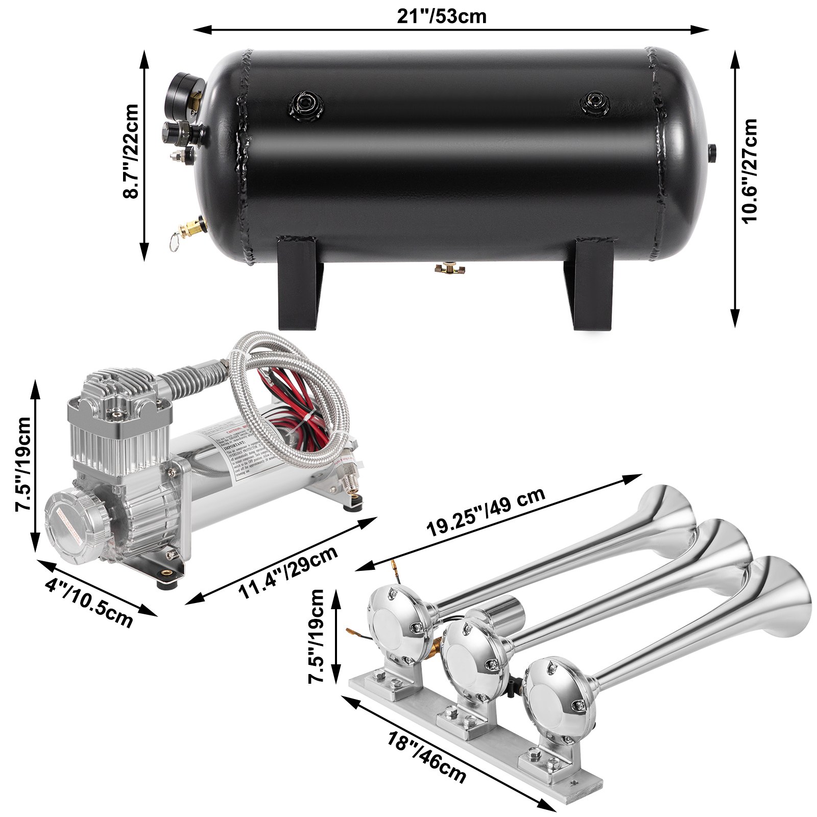 Vevor 3-trumpet kit dimension diagram: 21 by 8.7 by 10.6 inch tank, 11.4 by 4 by 7.5 inch compressor, 19.25 by 18 by 7.5 inch trumpet assembly