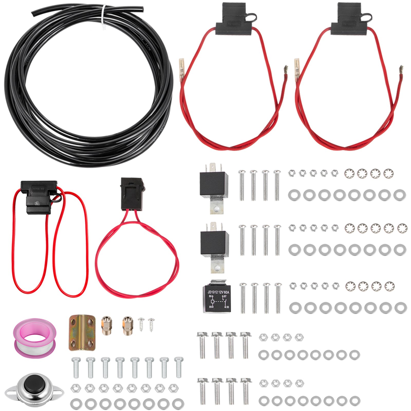 Vevor 3-trumpet kit hardware pack: air line, three relays, inline fuse holders, horn button, brass fittings, thread tape and mounting bolts