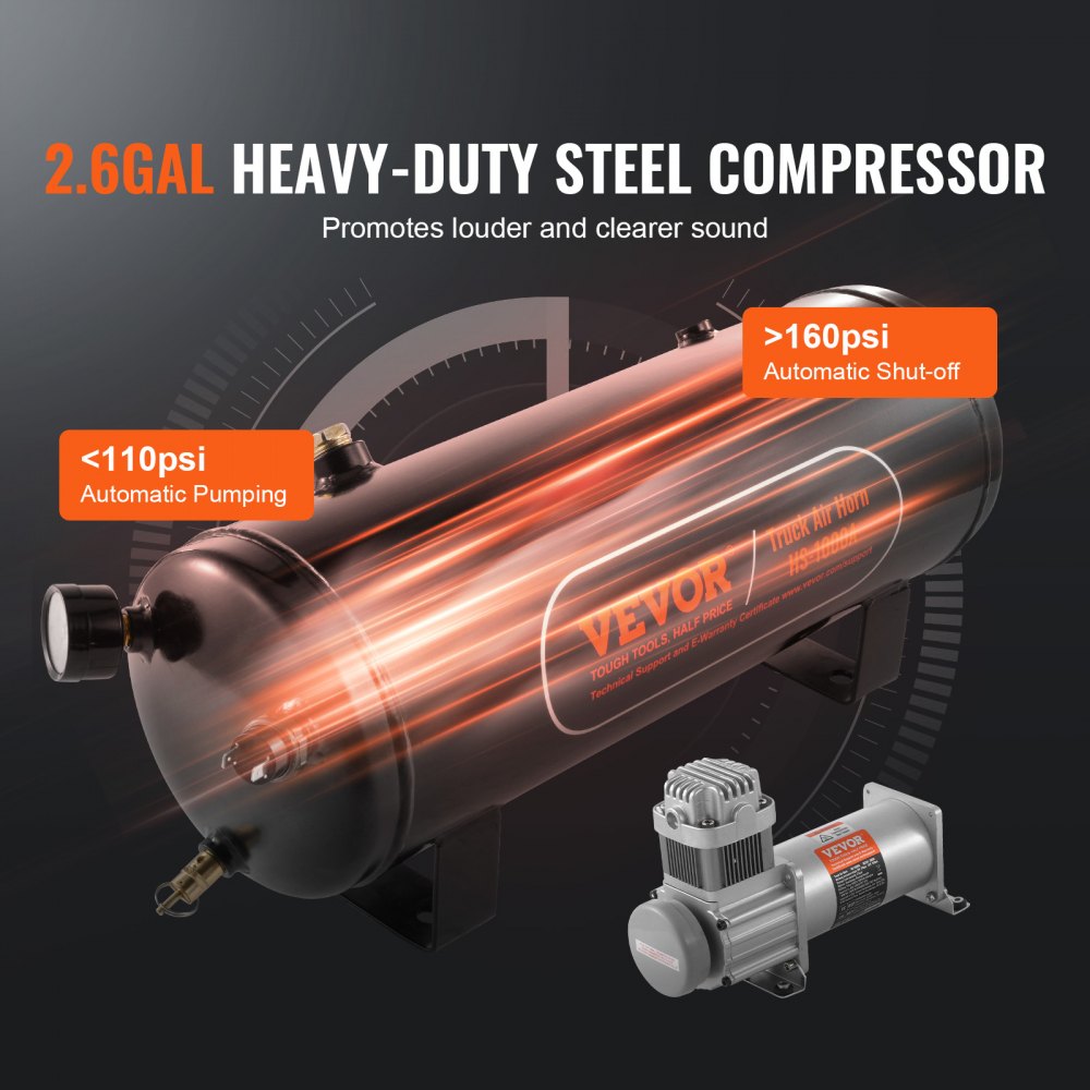 Vevor 2.6-gallon steel air tank and 280W compressor with 110 PSI cut-in and 160 PSI cut-off callouts