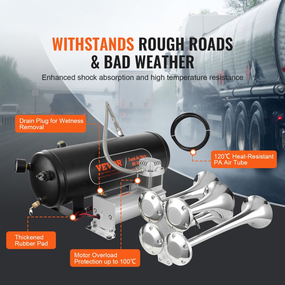 Vevor train horn kit components — tank with drain plug, braided leader hose, compressor and quad trumpets