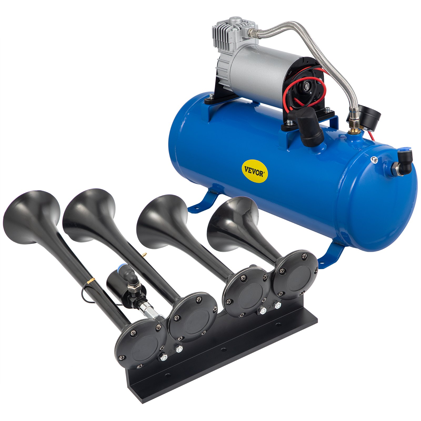Vevor 4-trumpet train horn kit with black stainless trumpets, blue 1.6-gallon tank and 12V compressor