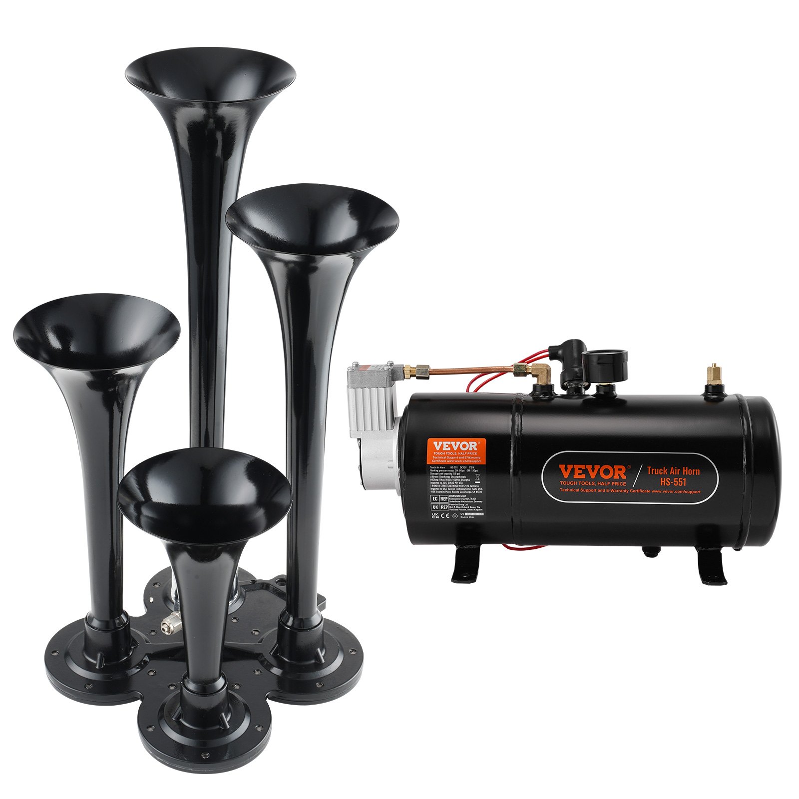 Vevor HS-550 four black trumpets standing on their cross bracket beside the 0.8-gallon air tank with its bolt-on 12V compressor and pressure gauge