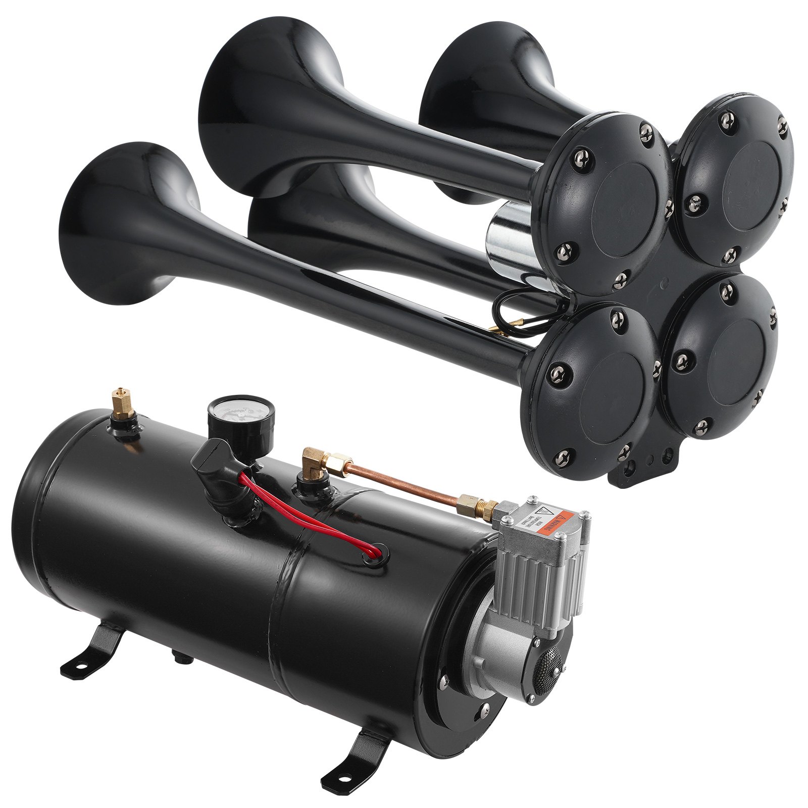 Rear view of the Vevor HS-550 trumpet cluster showing the four sealed back caps and air manifold, with the 0.8-gallon tank and compressor assembly below