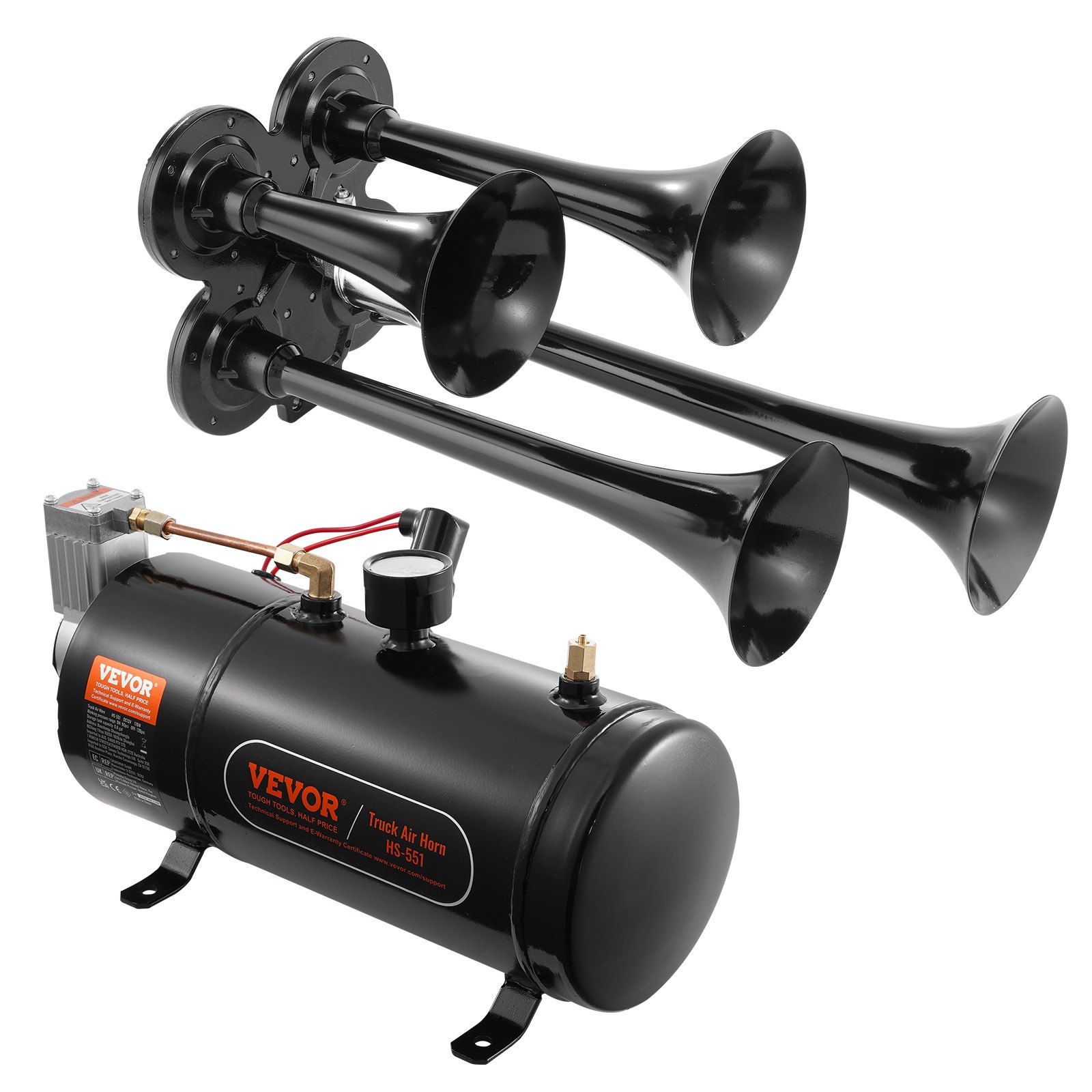 Side profile of the Vevor HS-550 kit — four-trumpet cluster on its mounting bracket next to the 0.8-gallon tank with compressor, pressure gauge and brass outlet fitting