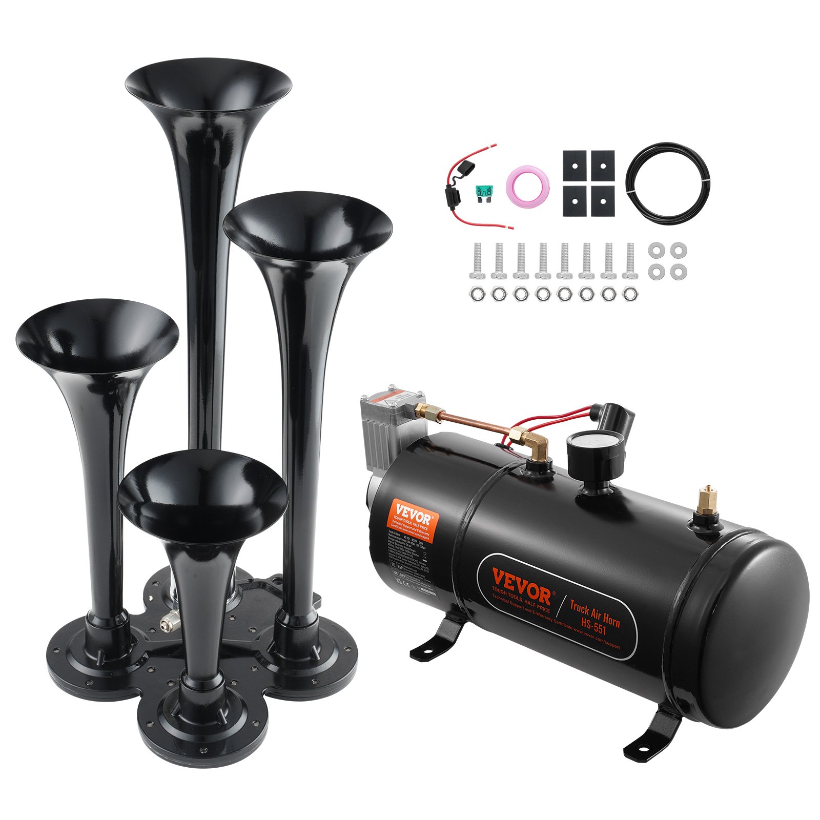Vevor HS-550 4-trumpet train horn kit laid out — four black trumpets on a cross bracket, 0.8-gallon tank with mounted compressor, fuse holder, thread tape, rubber pads, air line and mounting hardware